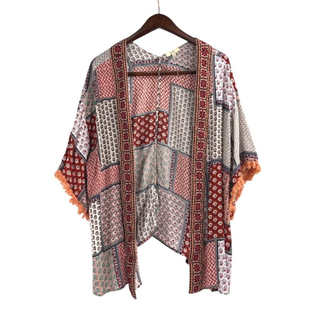 Kori America Womens Large Kimono Rayon Boho Patchwork Fringe Western Americana
